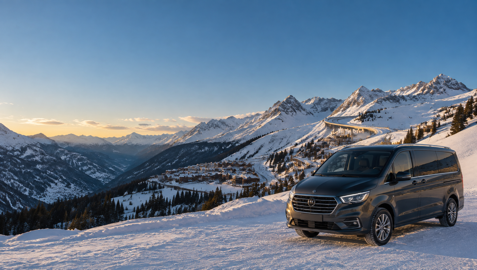 Véhicule de transport privé face aux sommets enneigés de La Plagne au coucher du soleil